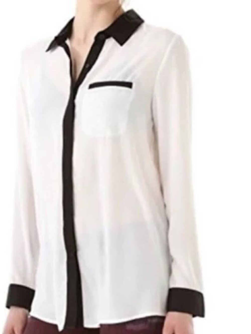Free People Ivory Semi Sheer Long Sleeve Relaxed Blouse Black Trim (Size S)